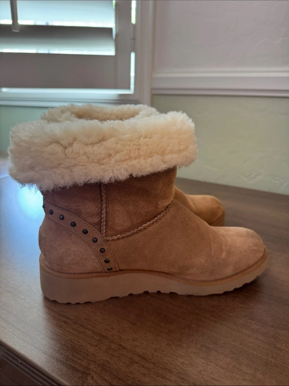 UGG Women’s Tan Suede Shearling-Lined Boots with Stud Detail, Sz. 8.5